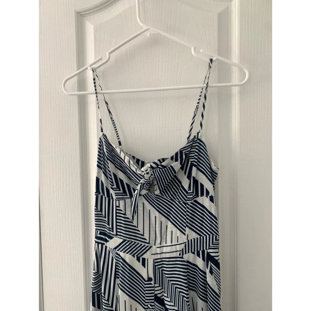 Yumi Kim Navy White Geometric Stripe Tie Front Midi Dress XS Pocket Smocked Back - Picture 4 of 13